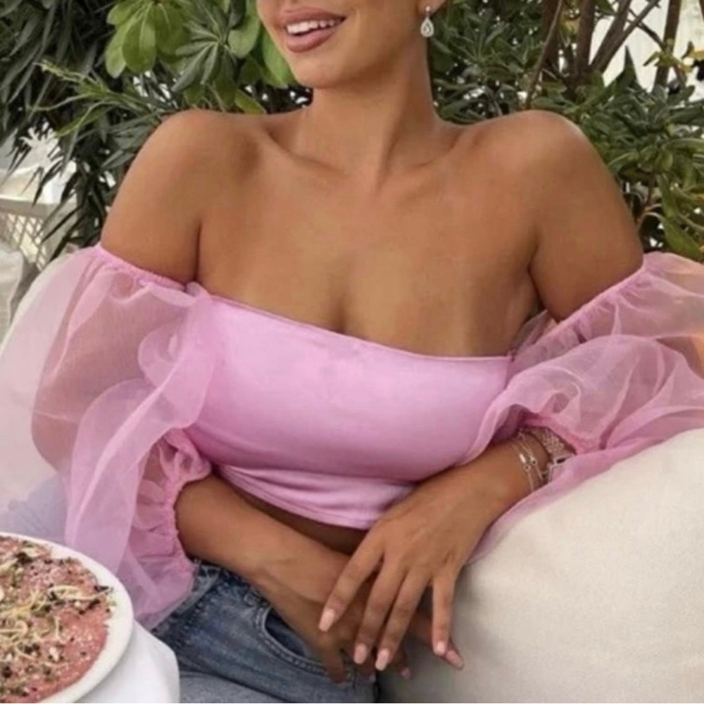 Zara Pink Off-Shoulder Puff Sleeve Crop Top